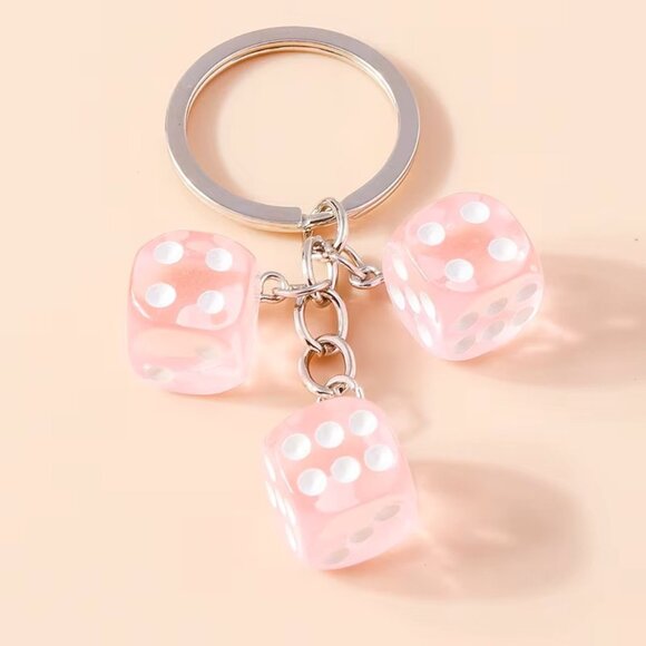 Light Pink Lucky Dice Keychain with 3 Dice Charms Fun Novelty Gift, Gamers Cars - Picture 2 of 3